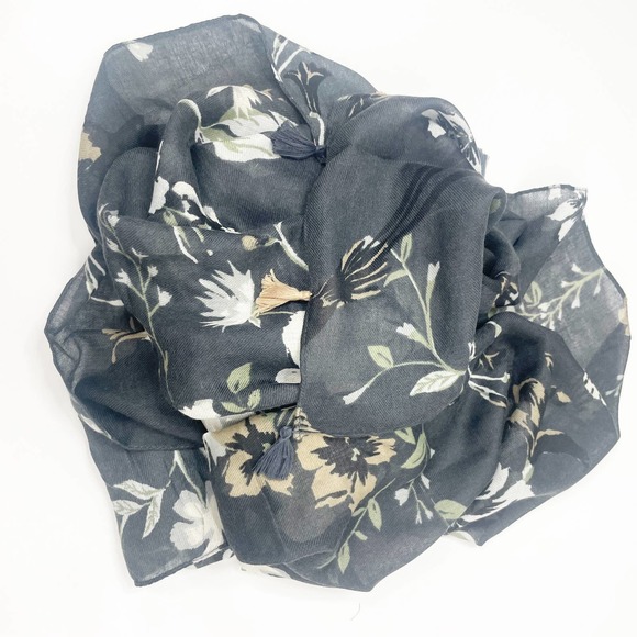 2/$30 NEW Floral Tasseled Scarf Black Long Rectangle Neutral Muted Minimalist - Picture 6 of 12